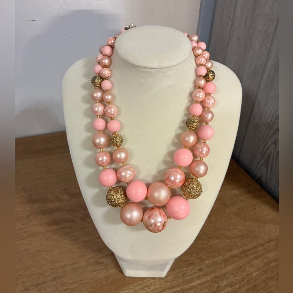 Vintage Double Strand Pink & Gold Beaded Necklace